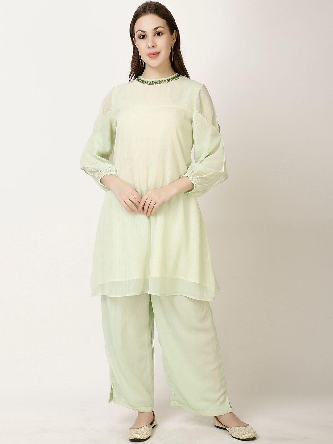 ffu round neck straight puff sleeve a-line kurta with palazzos