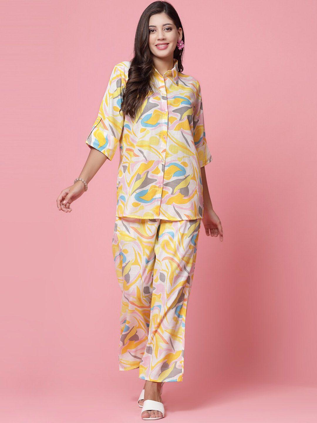 clora creation abstract printed shirt collar shirt & palazzos