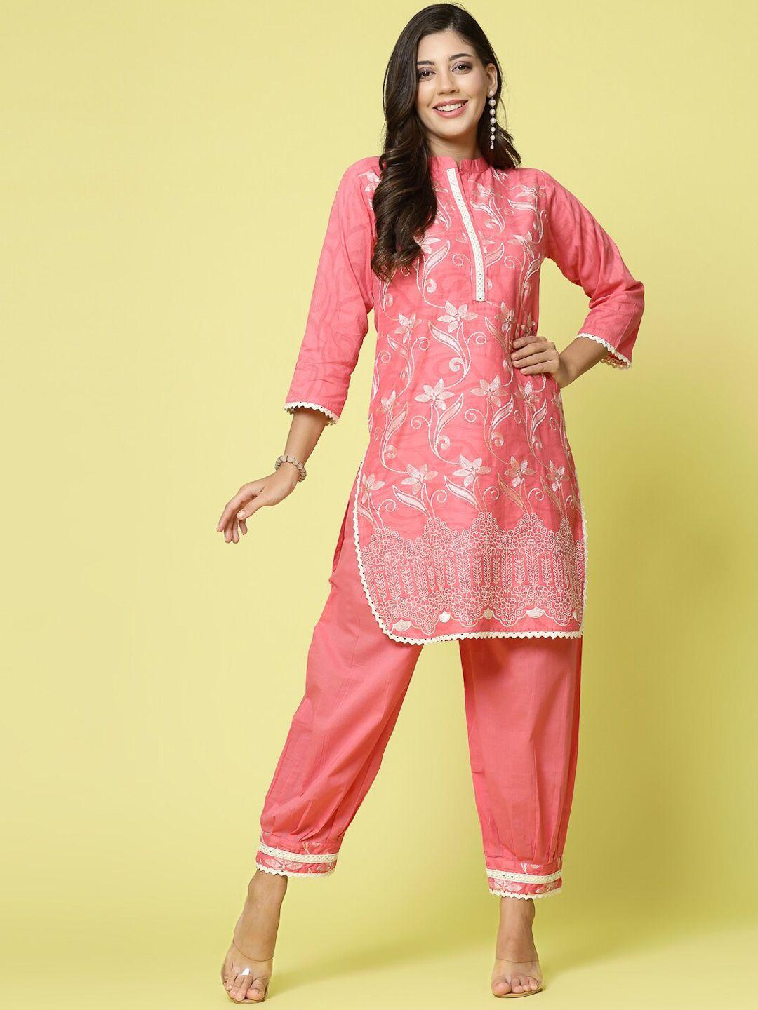 clora creation floral embroidered regular pure cotton kurta with salwar