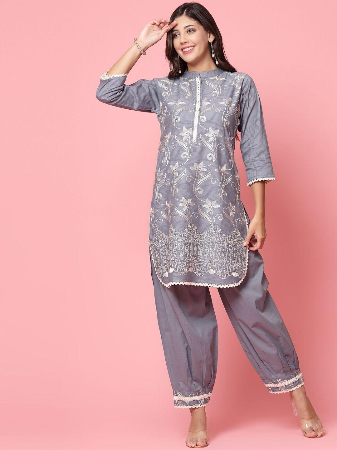 clora creation floral embroidered regular pure cotton kurta with salwar