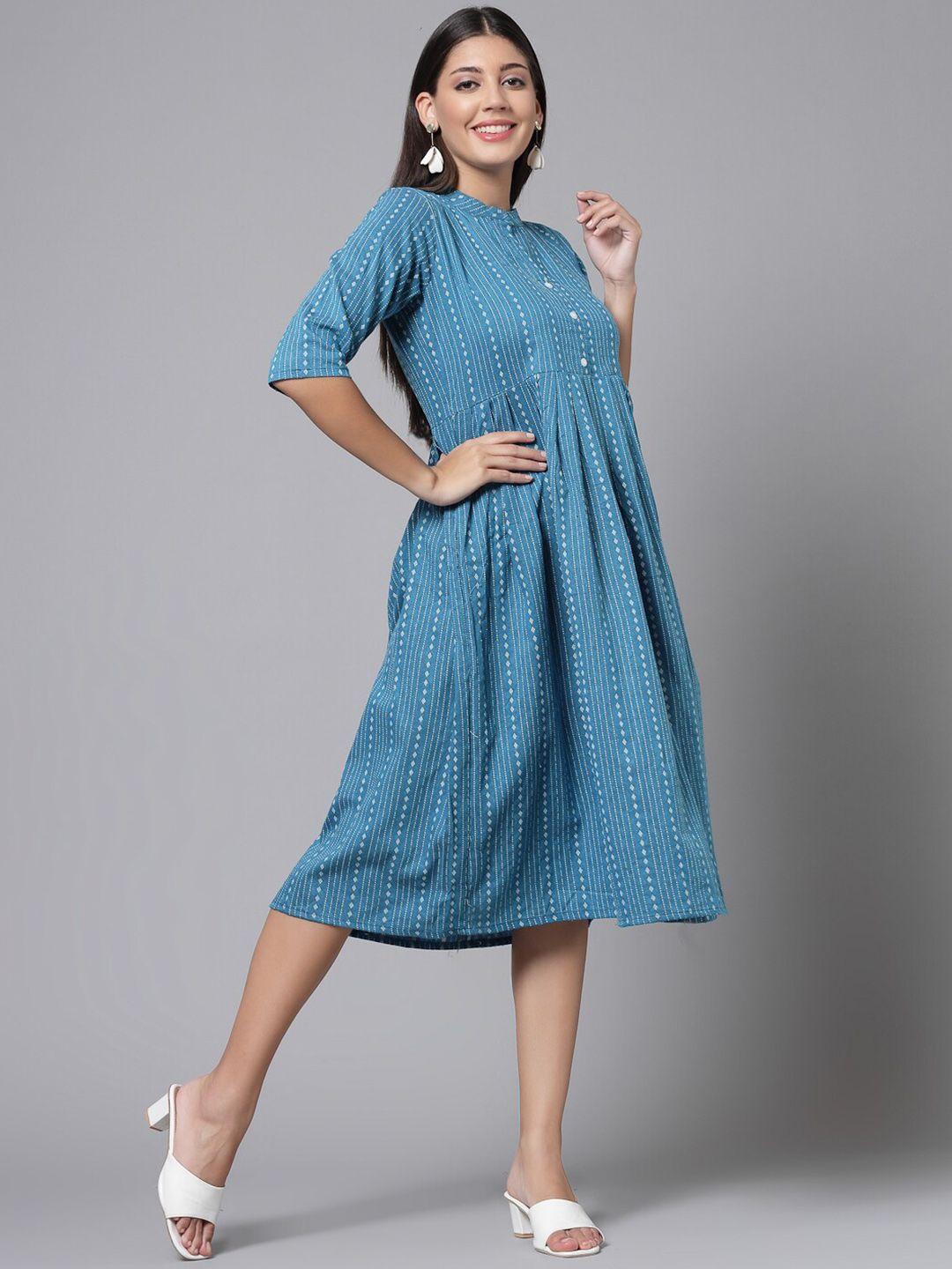 kalini striped mandarin collar pure cotton fit & flare dress