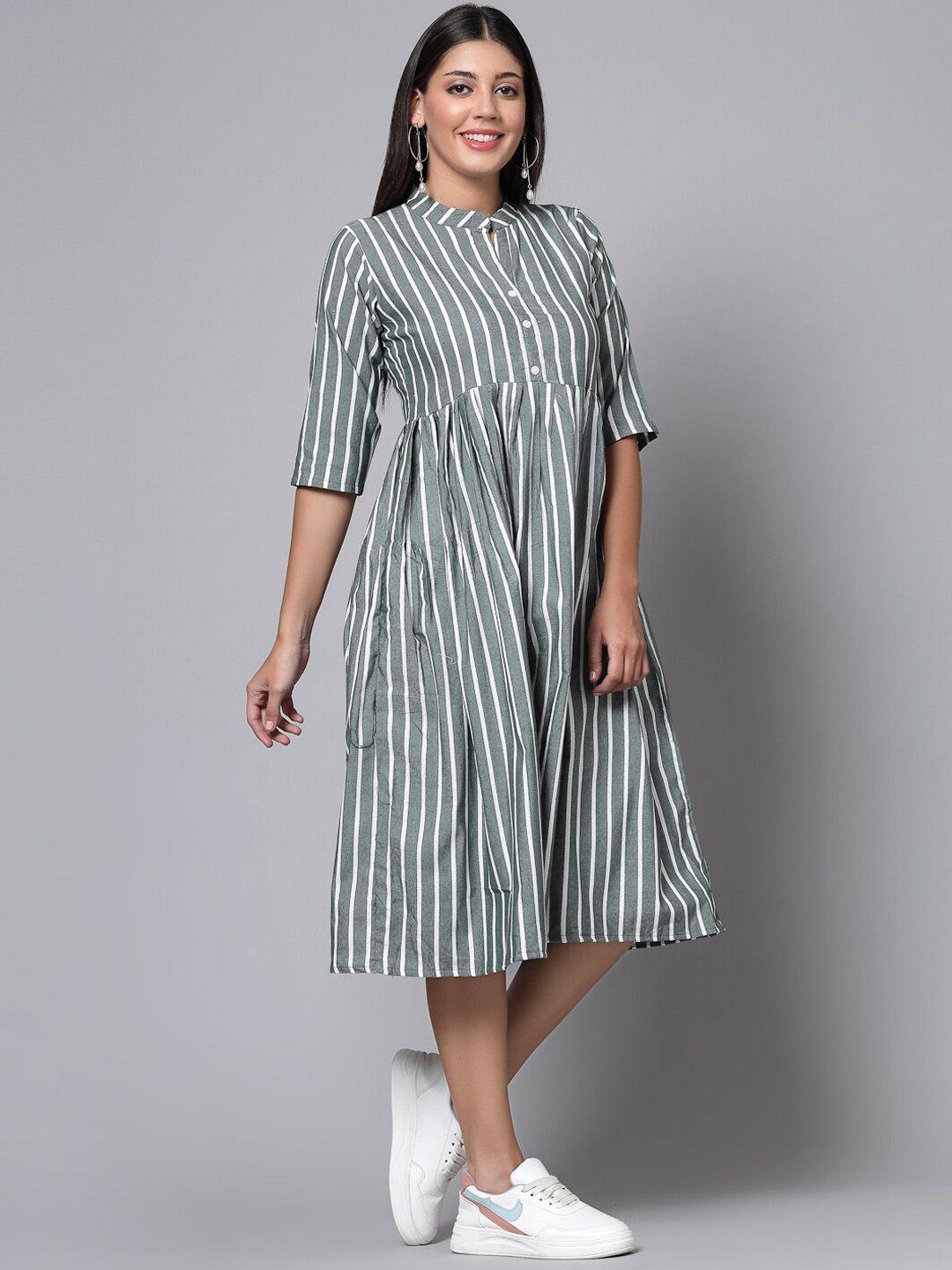 kalini striped mandarin collar fit & flare cotton ethnic dress