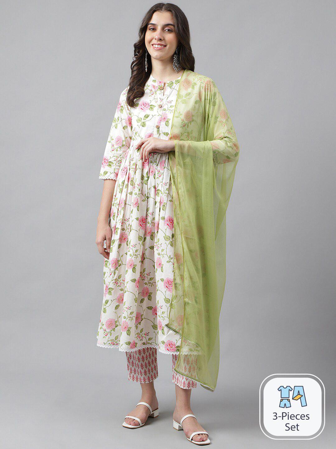 saabhi floral printed regular pure cotton anarkali kurta with palazzos & dupatta