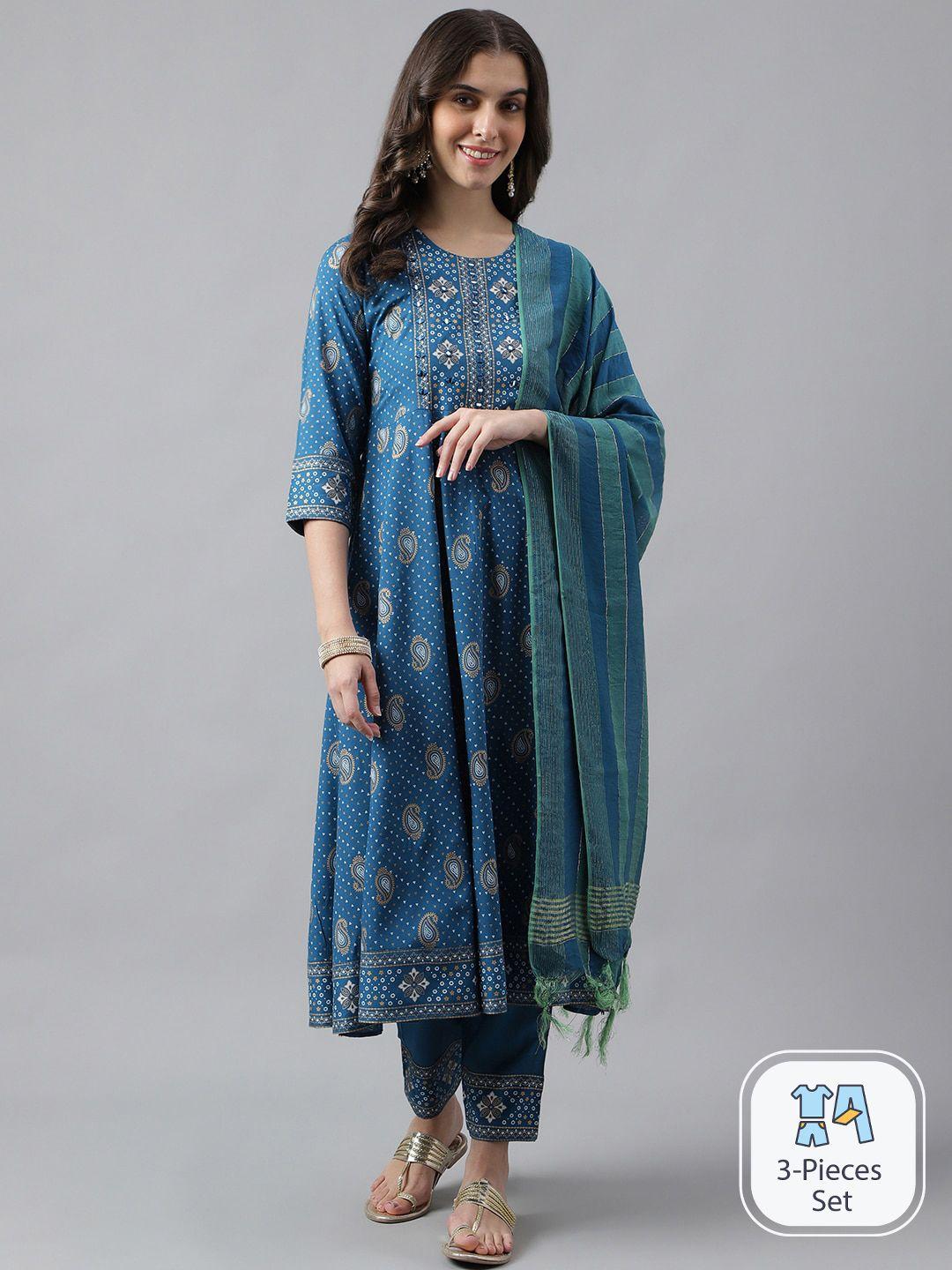 saabhi paisley printed mirror work anarkali kurta with trousers &  dupatta