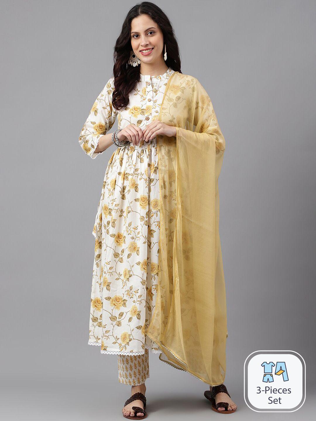 saabhi floral printed mandarin collar gotta patti a-line kurta with trousers & dupatta