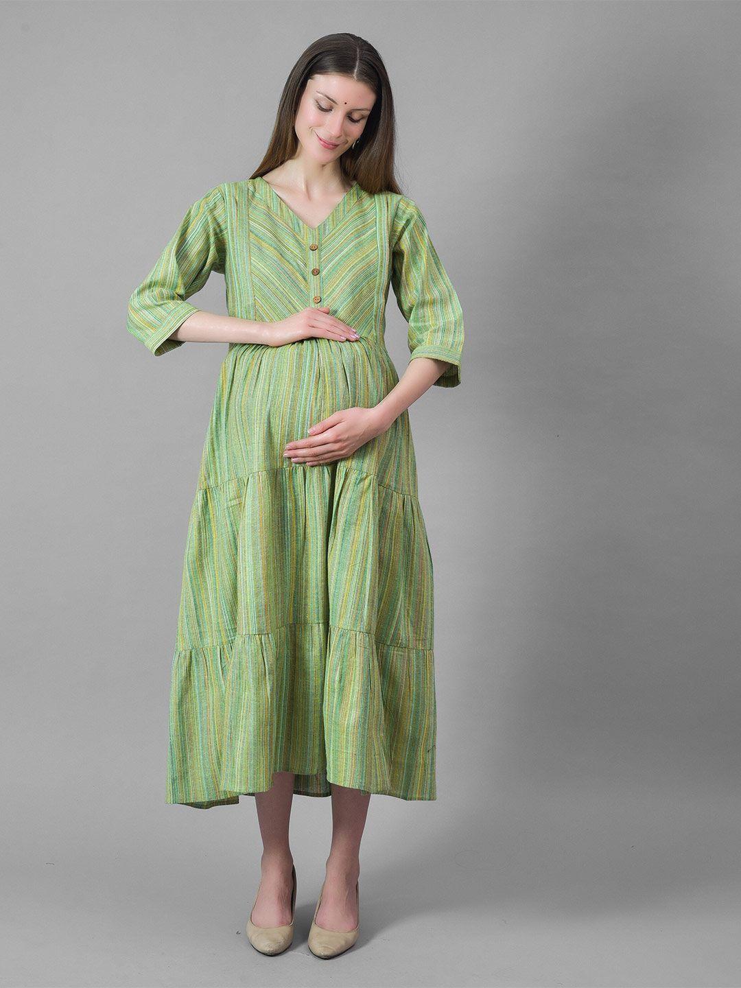 negen maternity striped printed gathered & pleated tiered cotton fit & flare midi dress