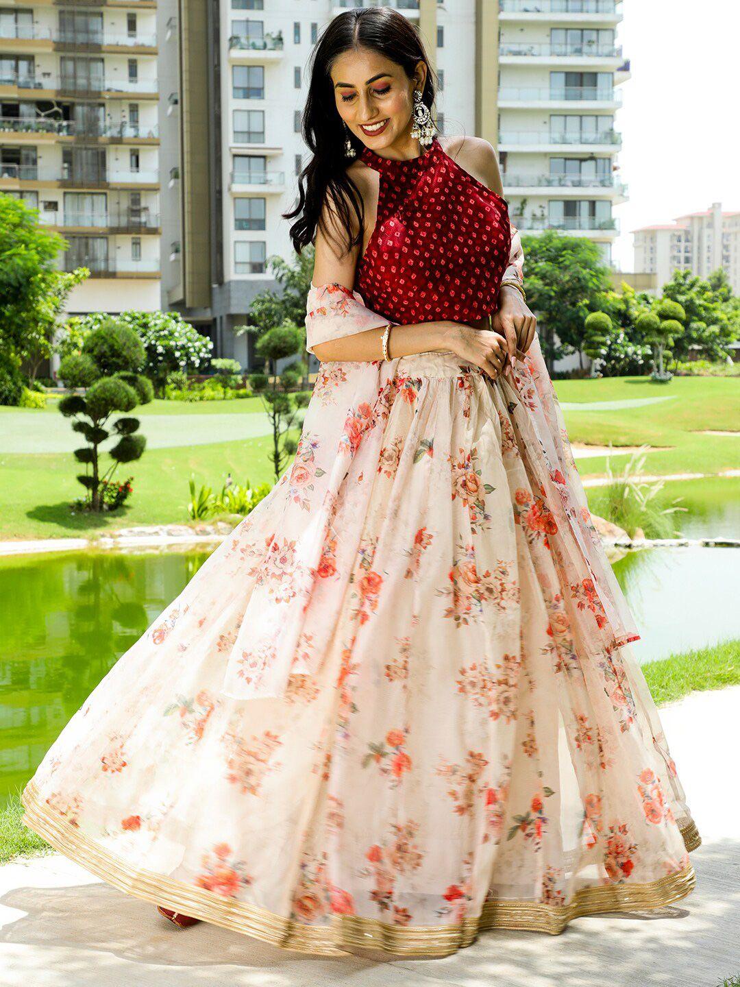 aks couture bandhani printed ready to wear organza lehenga & blouse with dupatta