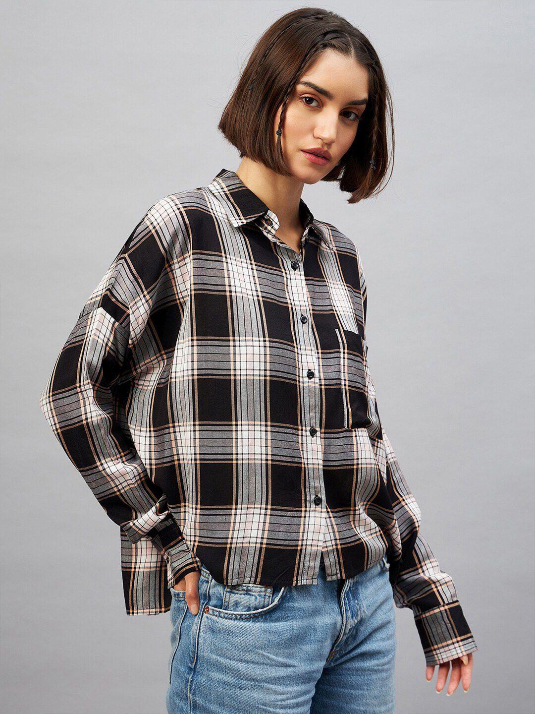 chimpaaanzee tartan checked spread collar casual shirt