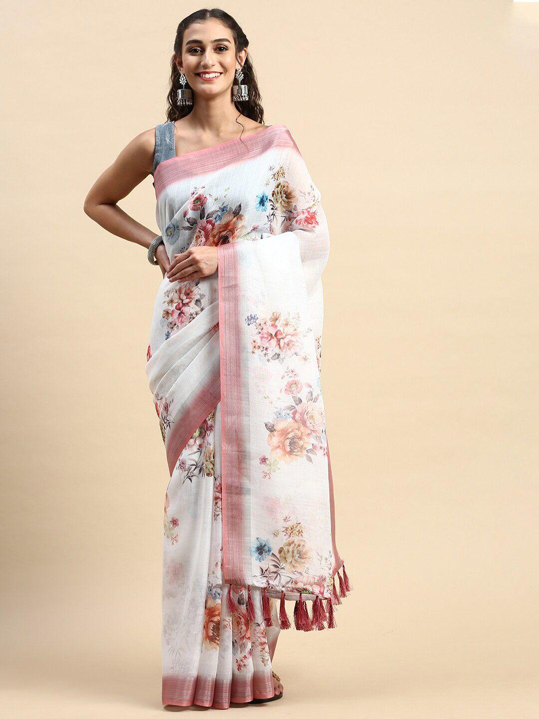 rishika floral printed zari linen blend chanderi saree