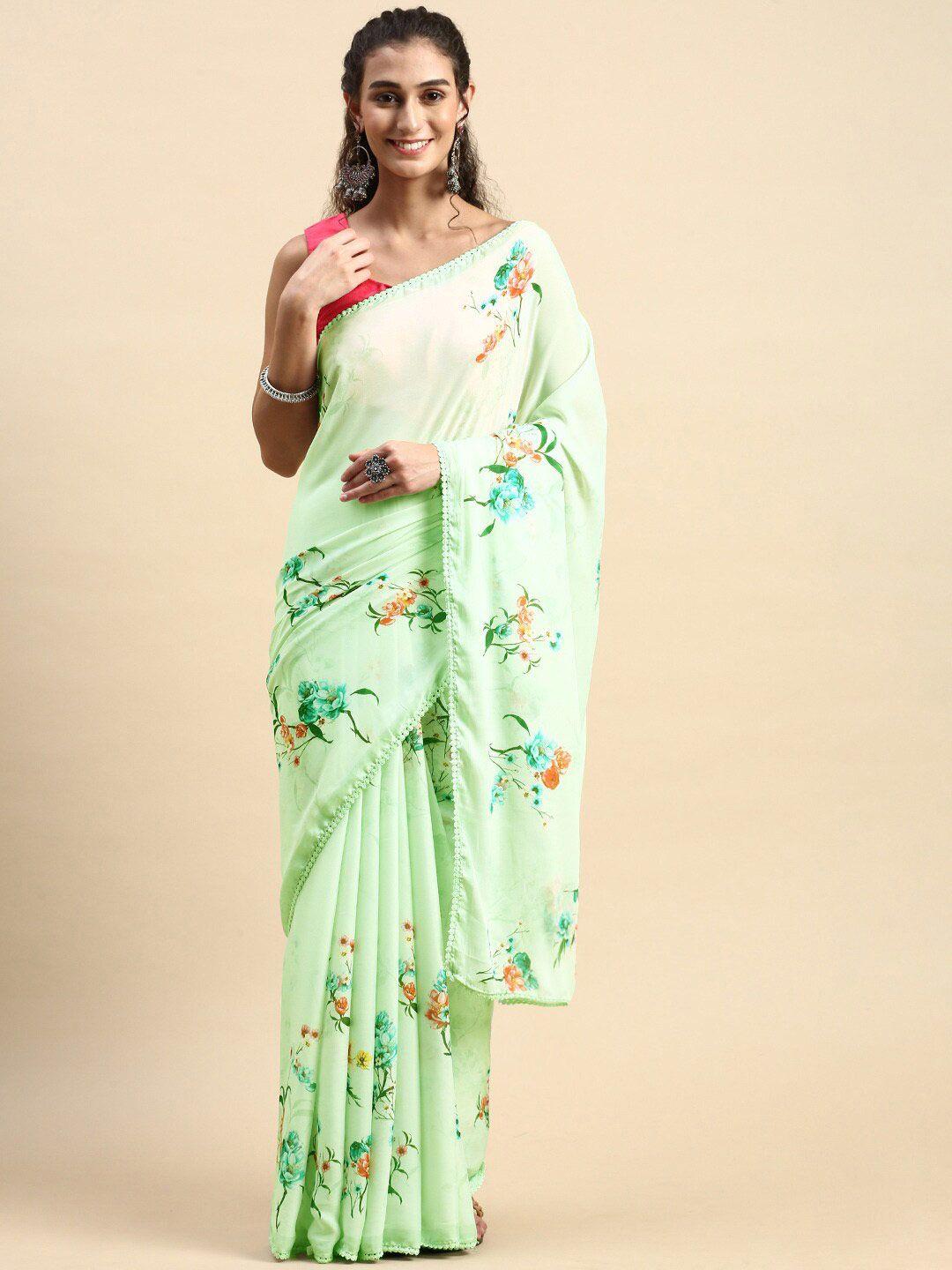 rishika green & pink floral poly georgette chanderi saree