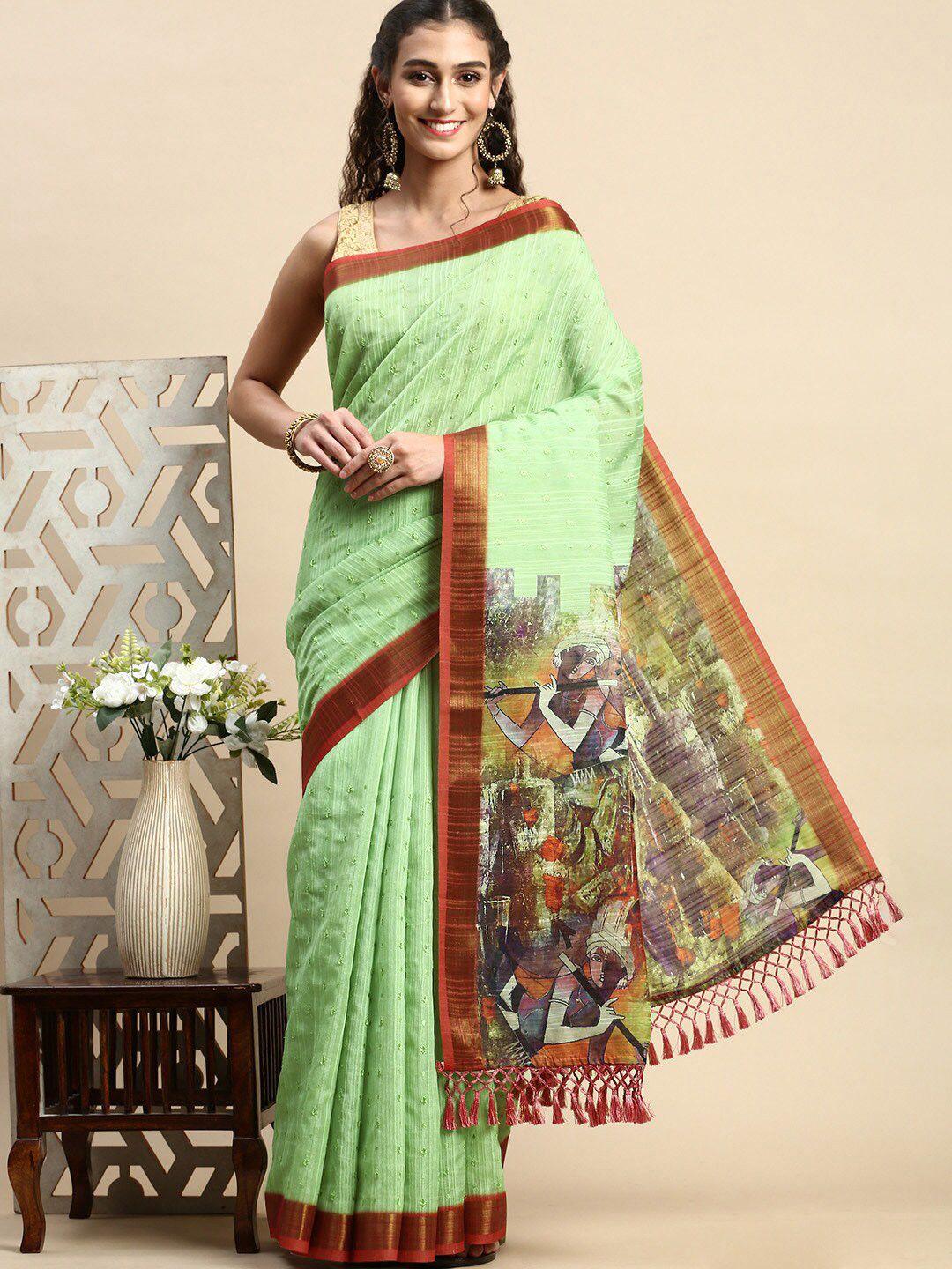 rishika green & red ethnic motifs zari silk blend chanderi saree