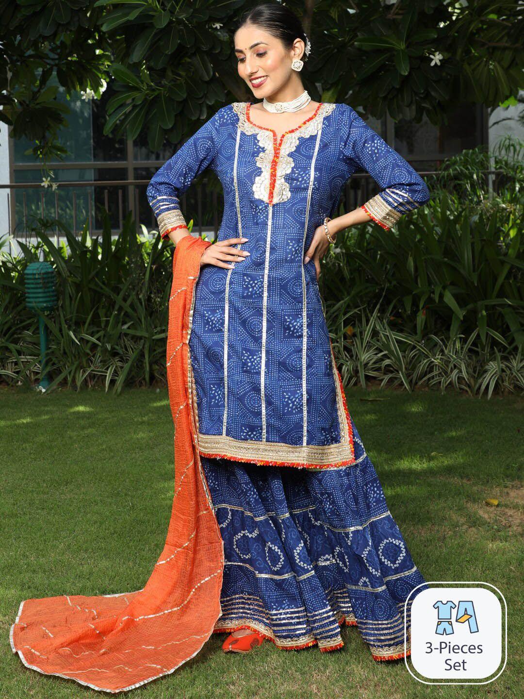 aks couture ethnic motif printed gotta patti pure cotton kurta & sharara with dupatta