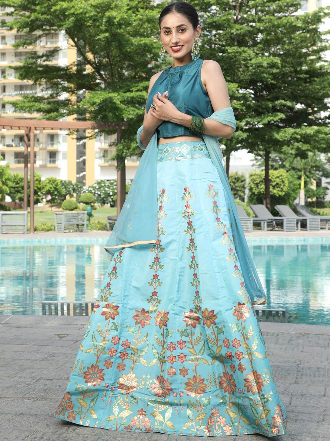 aks couture floral printed zari ready to wear lehenga & blouse with dupatta