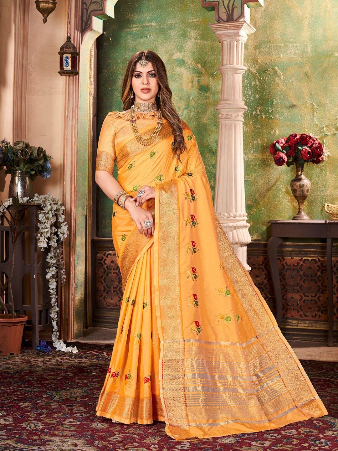 mitera mustard ethnic motifs embroidered saree