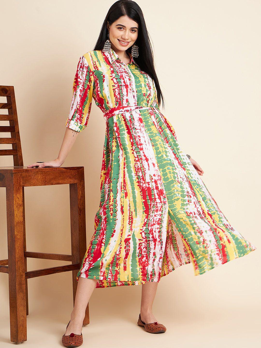 all about you abstract printed shirt collar tie-ups detail a-line midi dress