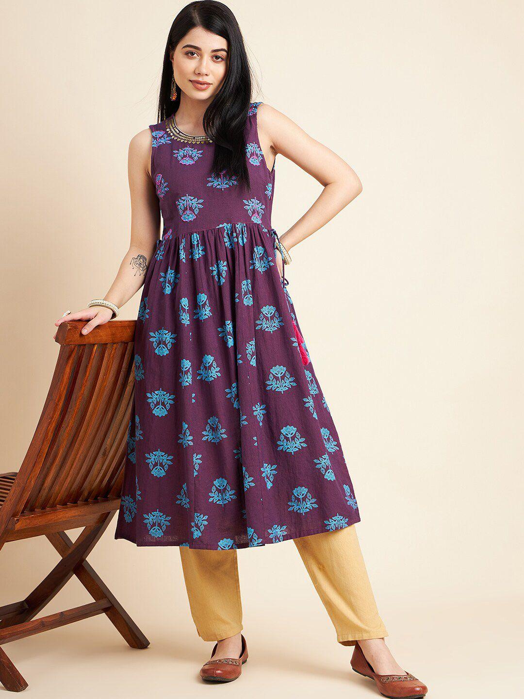 all about you floral printed sleeveless cotton anarkali kurta