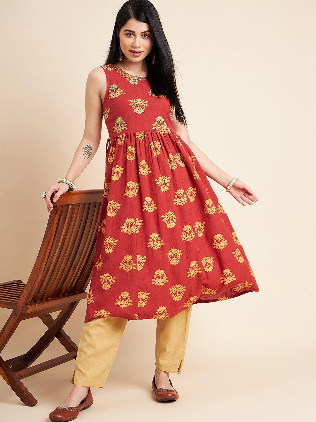 all about you floral printed sequinned pleated pure cotton anarkali kurta