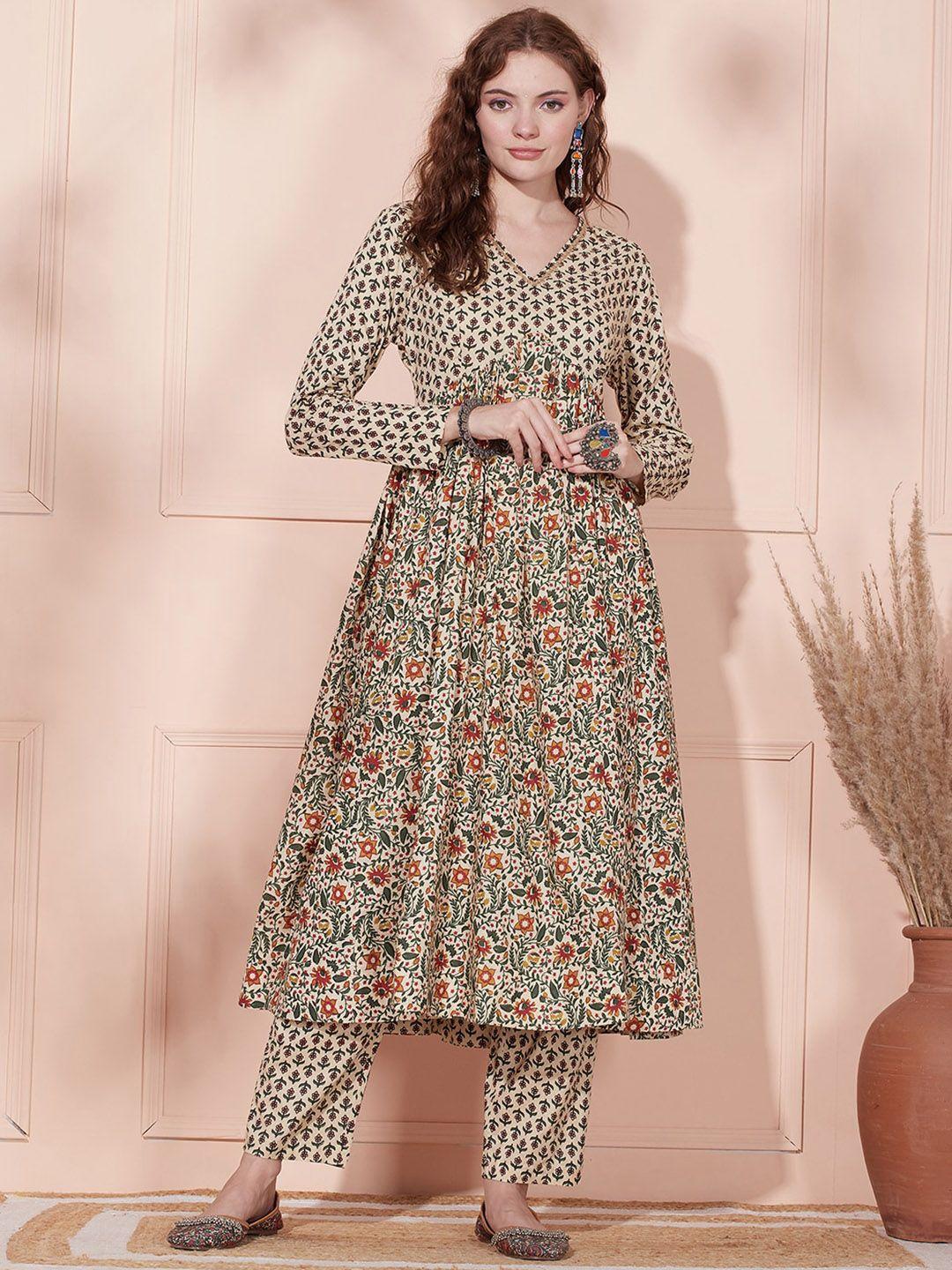 fashor beige floral printed gotta patti a-line kurta with trousers