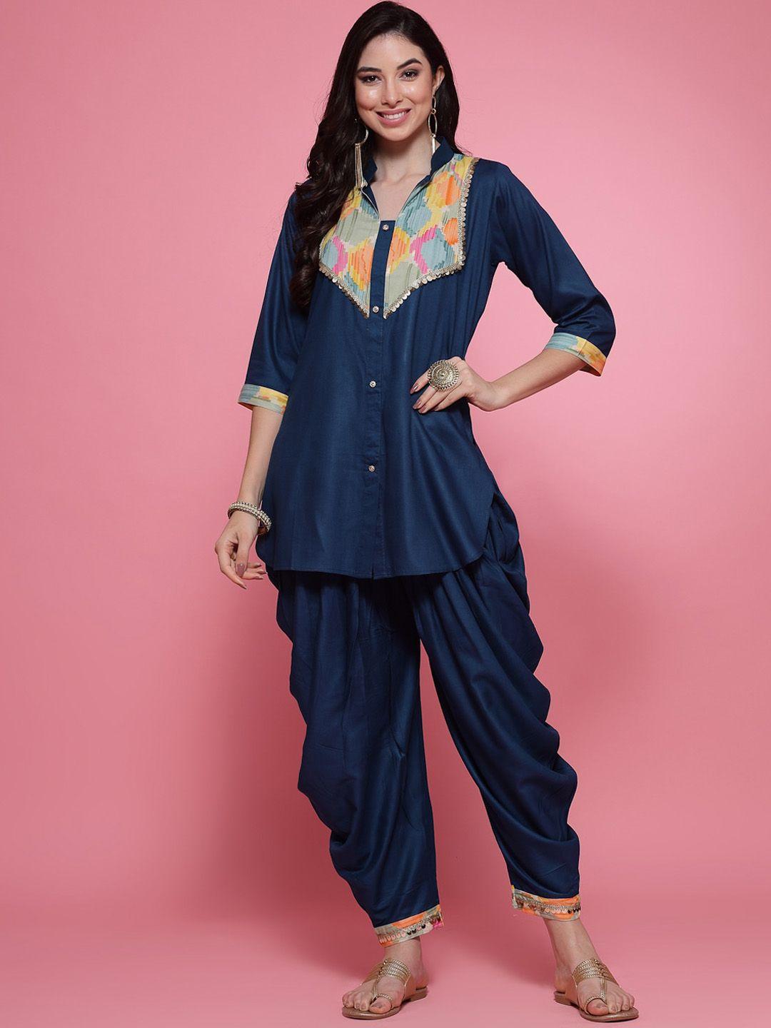 clora creation yoke design sequinned straight kurti with dhoti pants