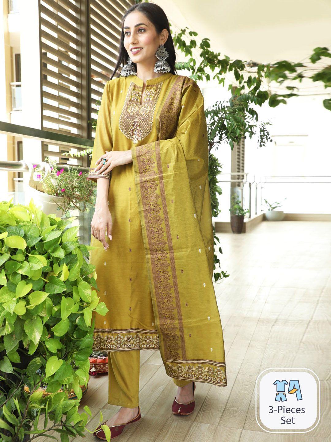 aks couture ethnic motifs woven design straight kurta & trousers with dupatta