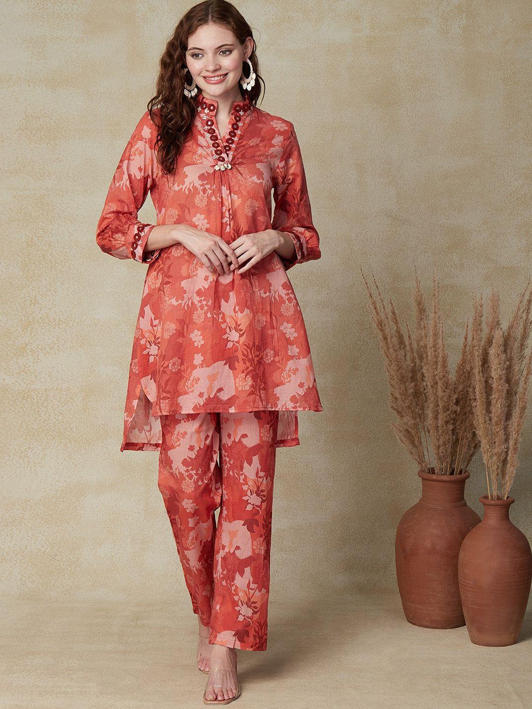 fashor floral printed mandarin collar pure cotton tunic & trouser