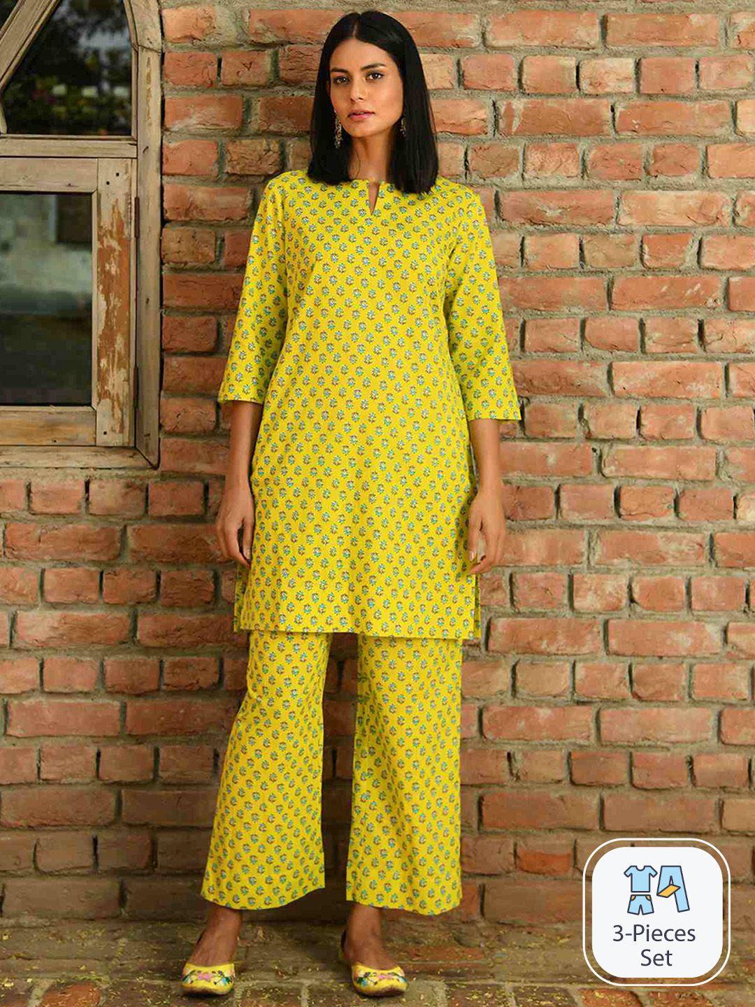 nuhh floral printed keyhole neck pure cotton straight kurti with palazzos & dupatta