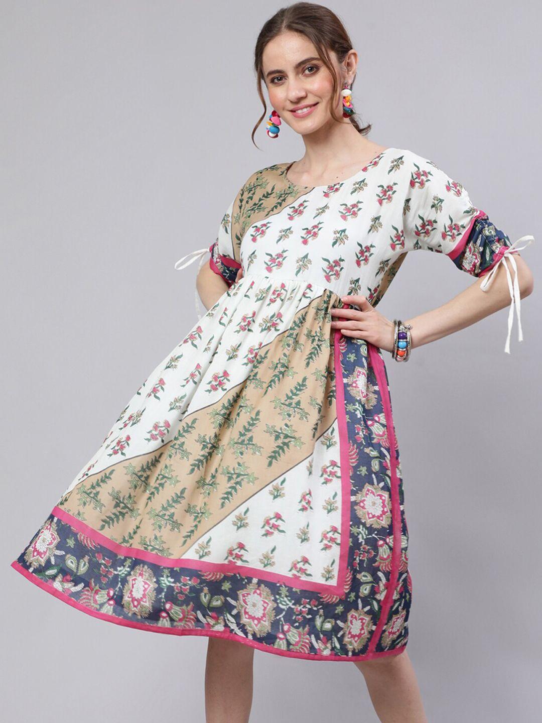 aks white ethnic motifs printed gathered cotton a-line dress