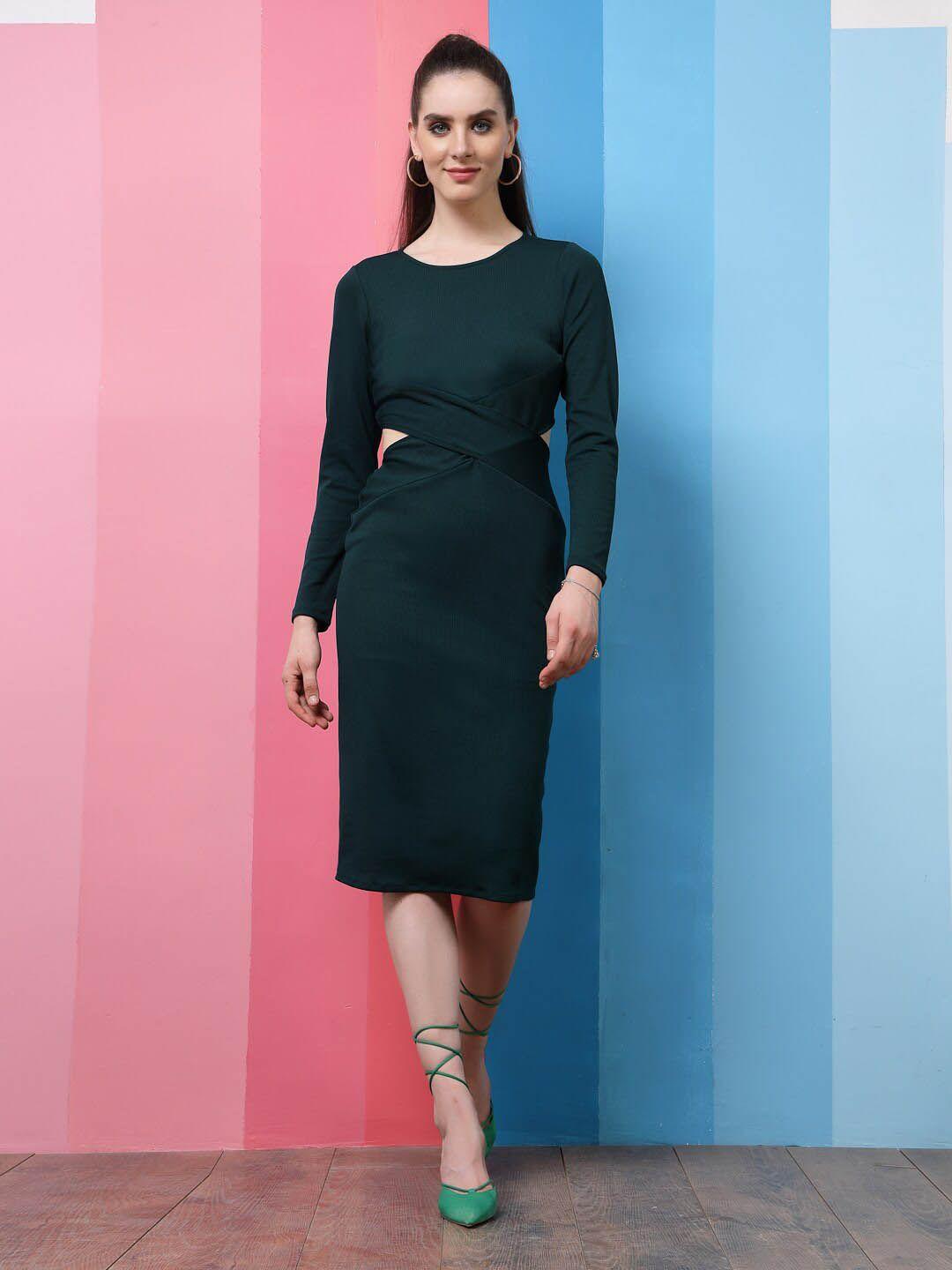 athena green round neck sheath dress