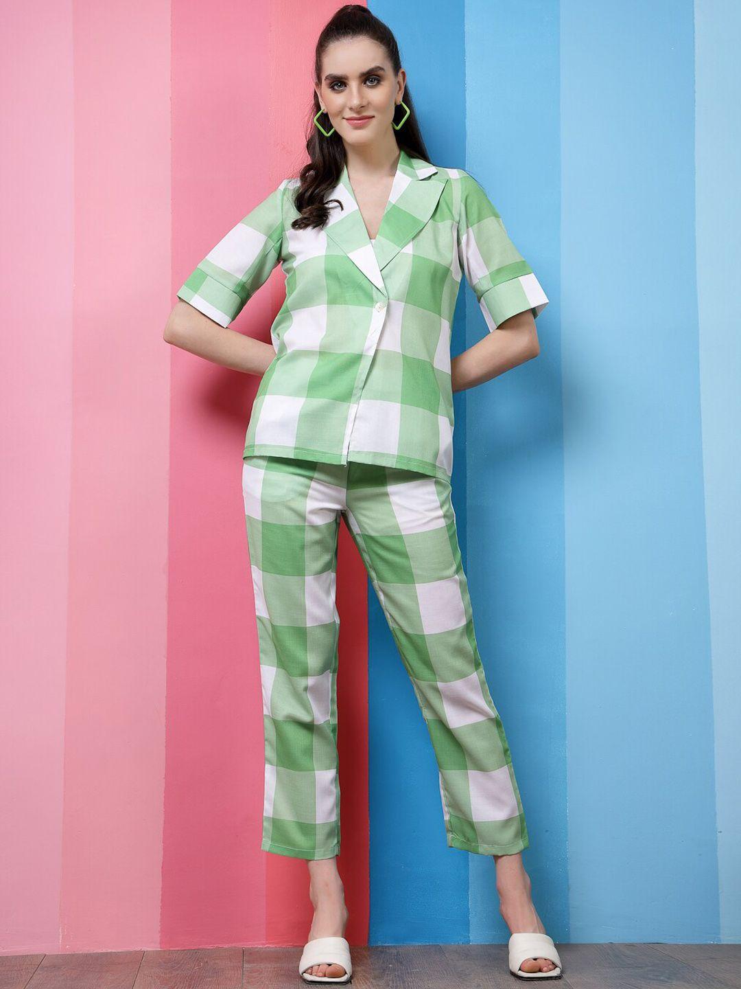 athena green & white checked lapel collar top with trousers co-ords