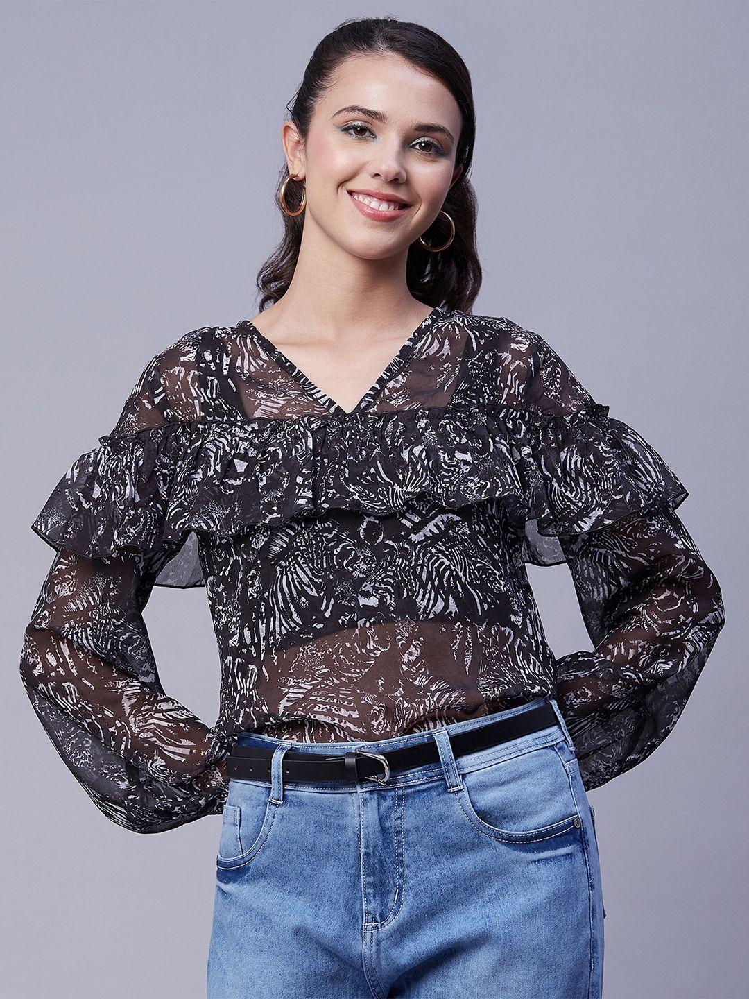 moomaya abstract printed v-neck puff sleeves ruffles detail top