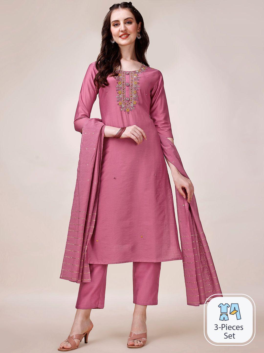 berrylicious floral yoke design regular chanderi cotton kurta with trousers & dupatta