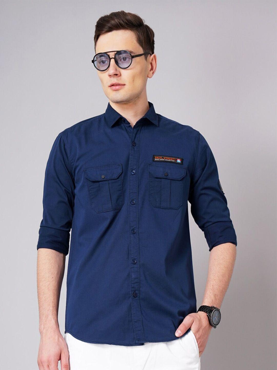 paul street men navy blue standard slim fit opaque casual shirt