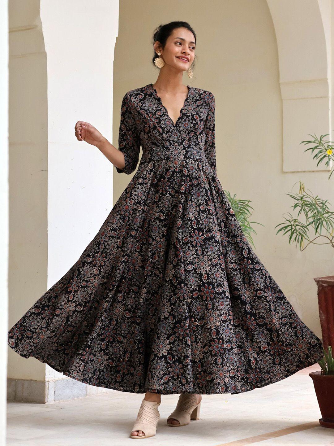 okhai ethnic motifs printed gathered pure cotton maxi ethnic dress