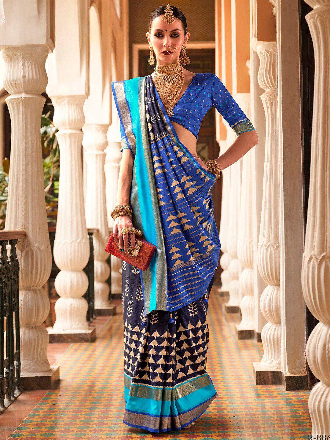 anouk navy blue & gold-toned ethnic motifs woven design zari ikat saree