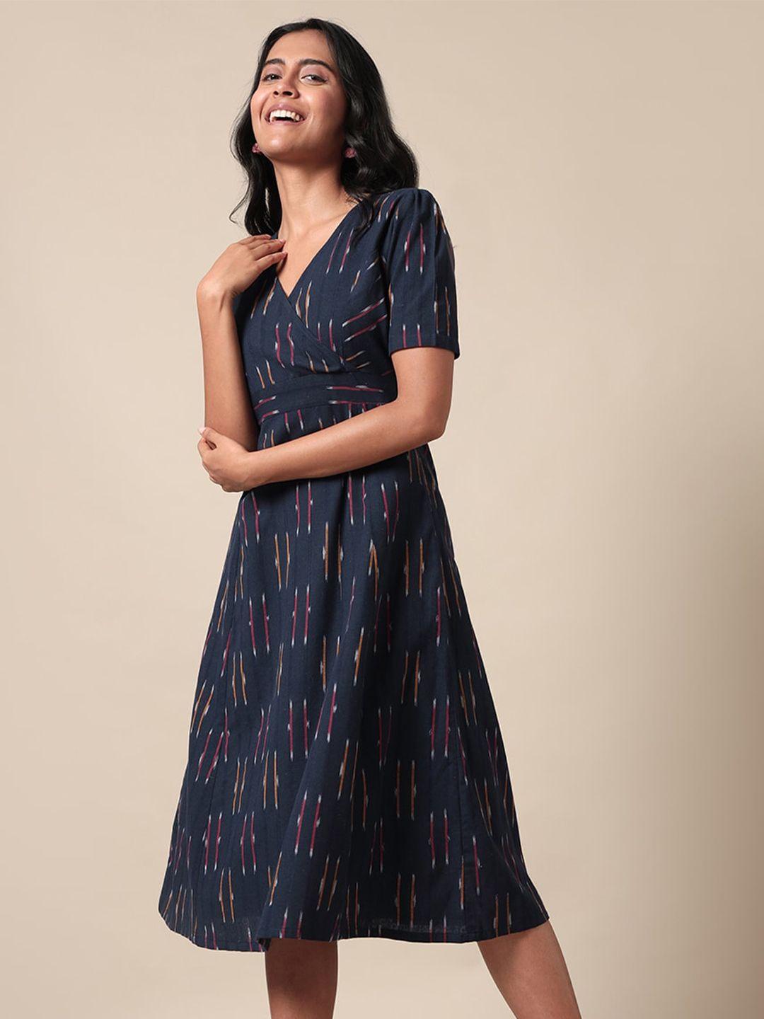 saaki geometric printed v-neck puff sleeves gathered cotton a-line midi dress