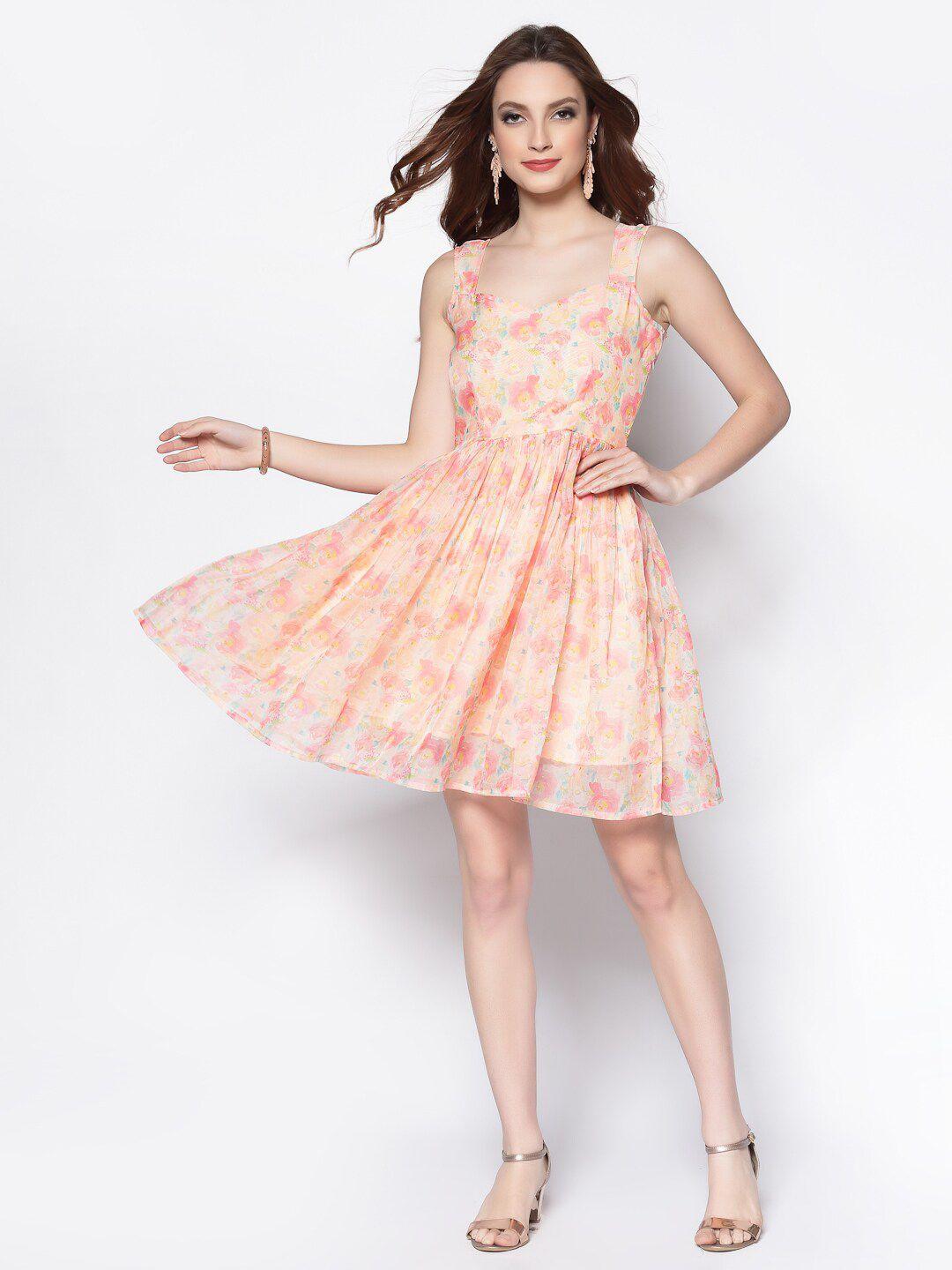 sera pink floral printed gathered detail fit & flare dress