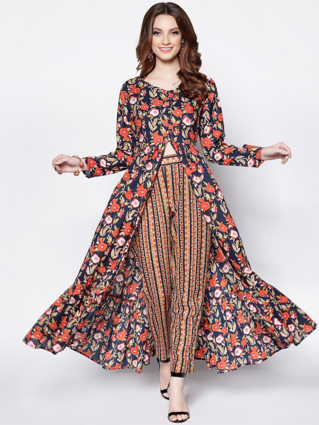 sera floral printed front open cotton anarkali kurta