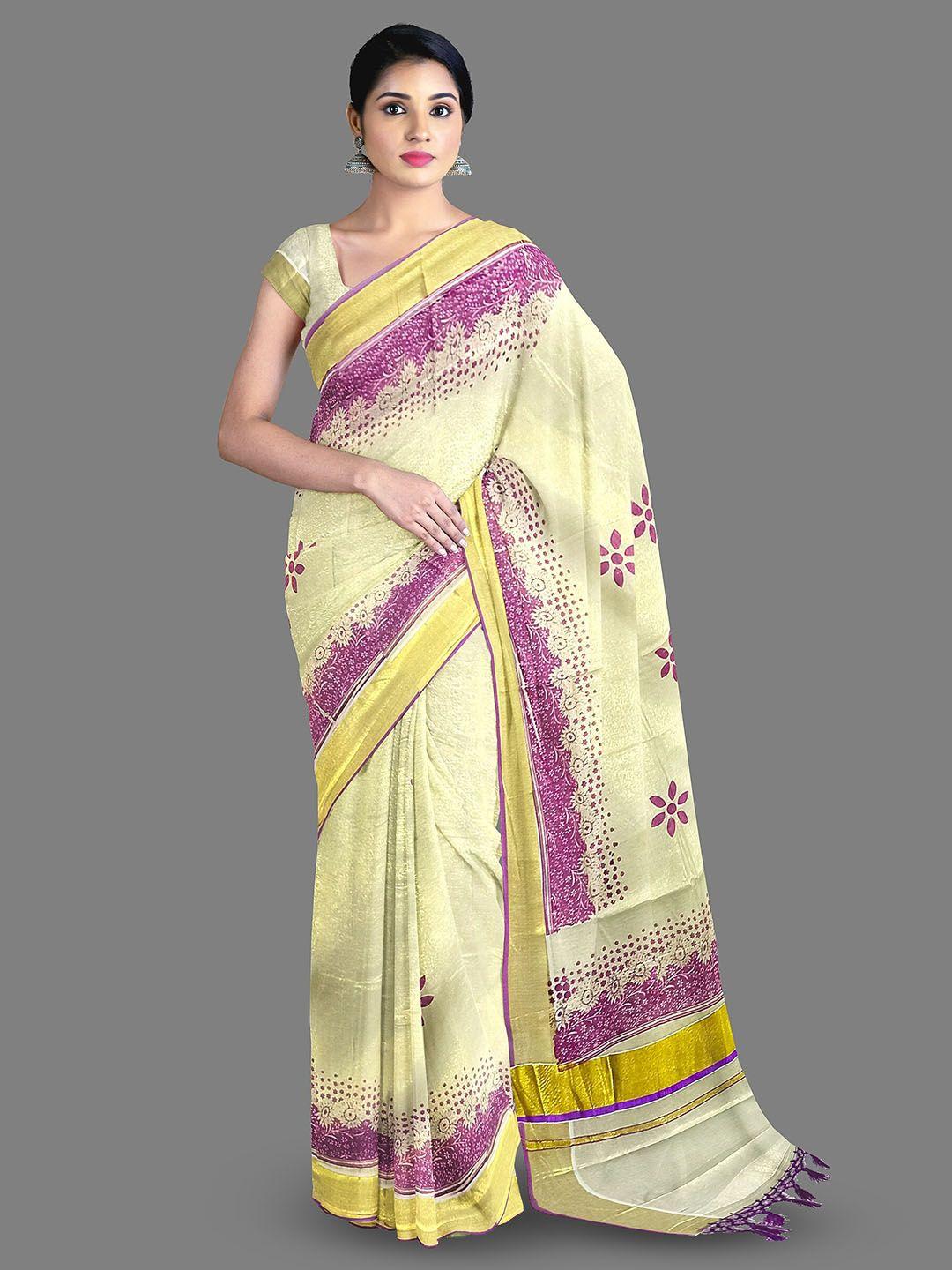 the chennai silks floral printed zari pure cotton kasavu saree