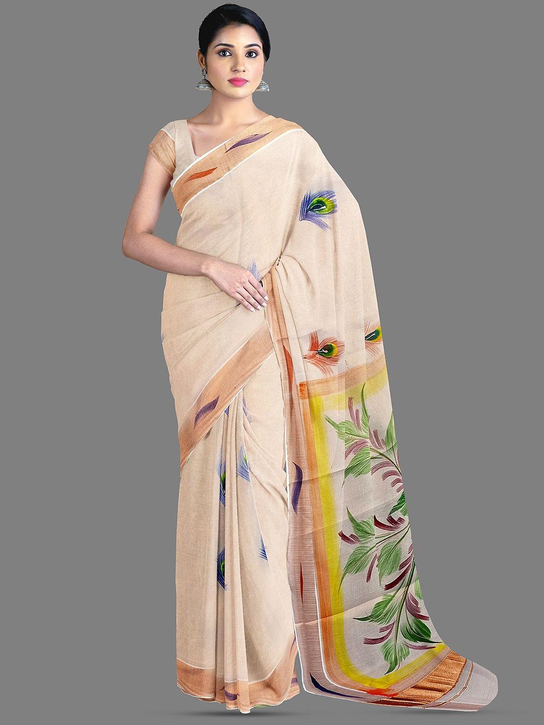 the chennai silks abstract printed zari pure cotton kasavu saree