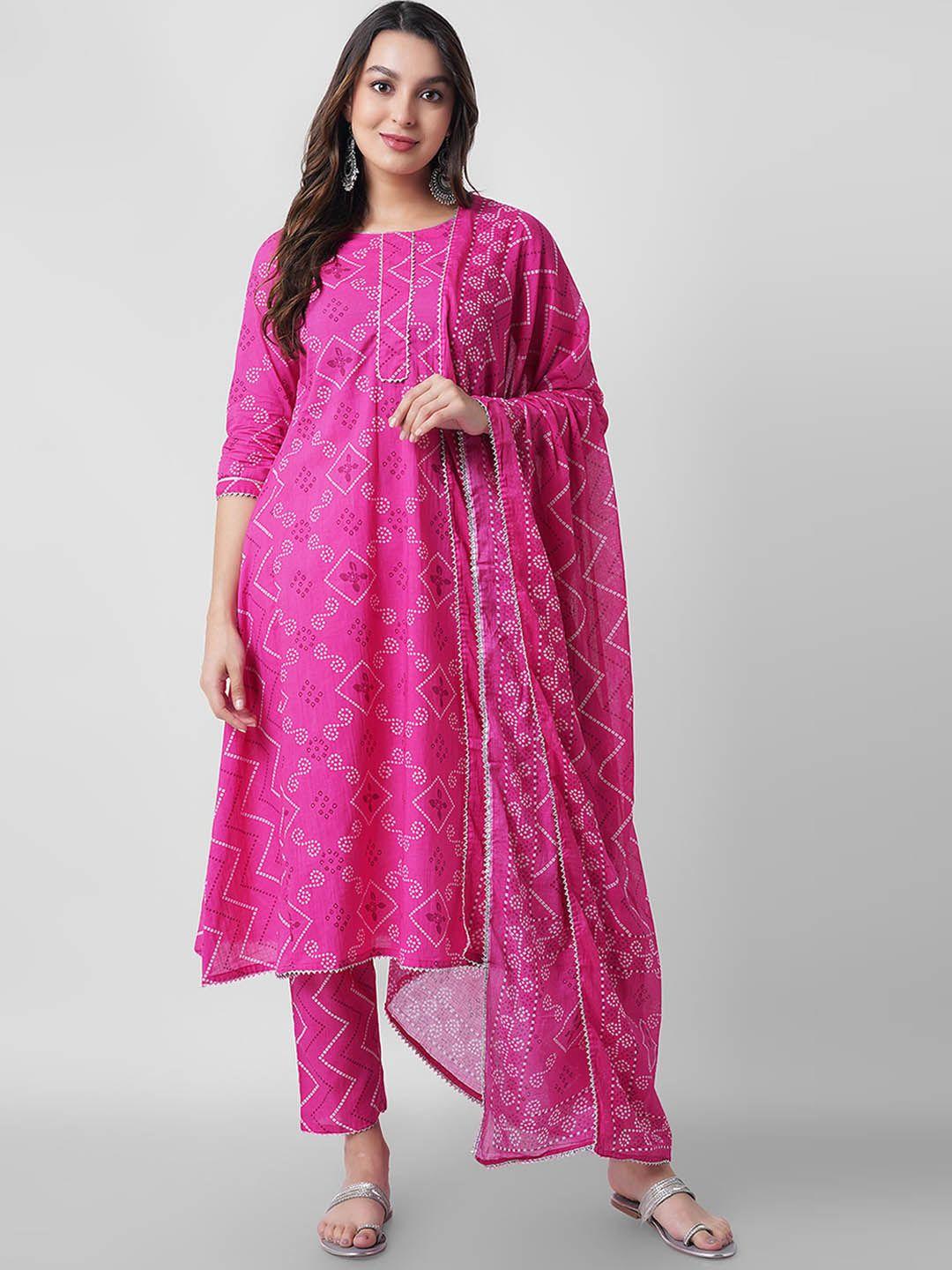 arayna bandhani printed regular gotta patti pure cotton kurta with trousers & with dupatta