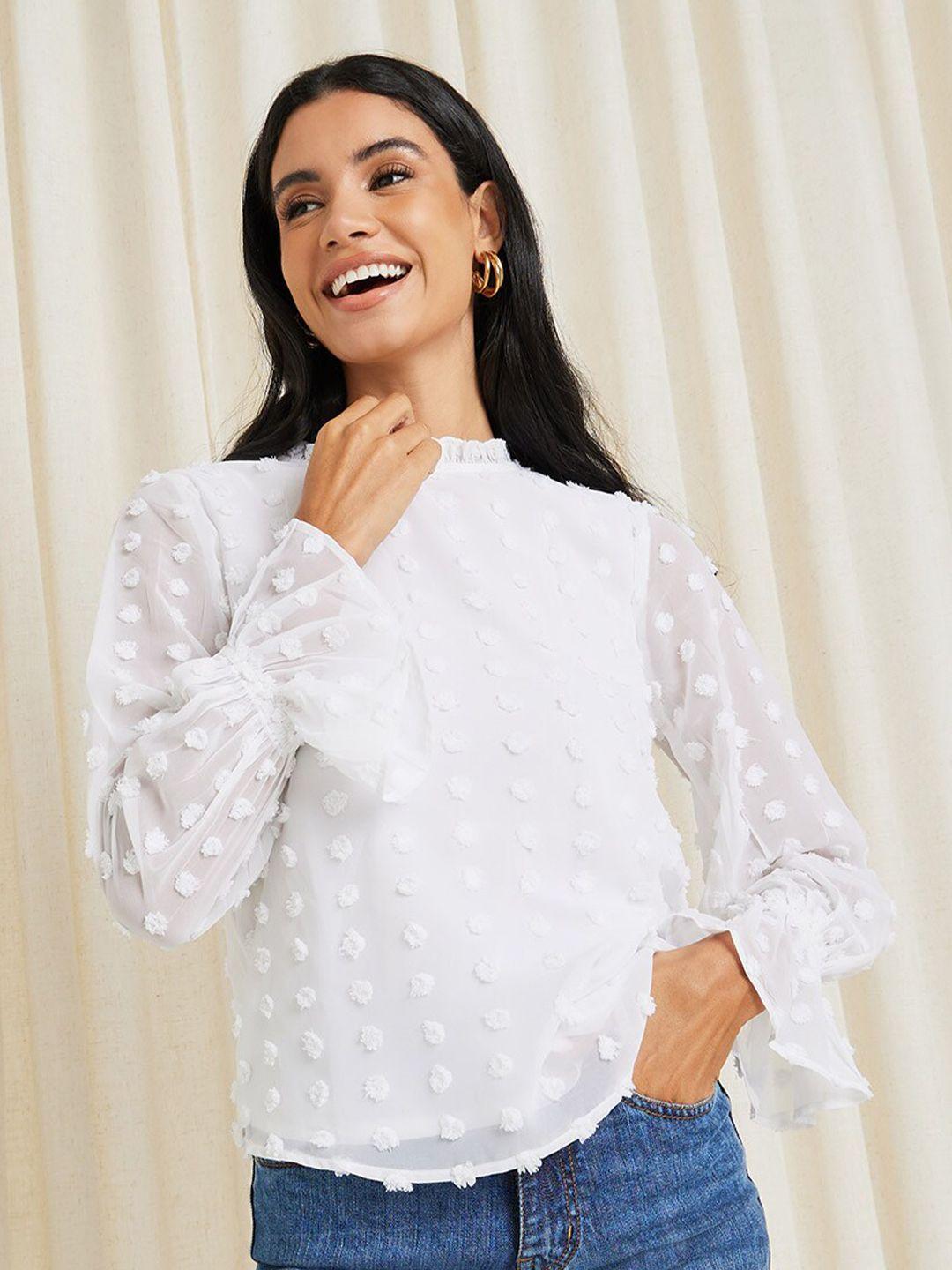 styli white dobby self design bell sleeves ruffled high neck top