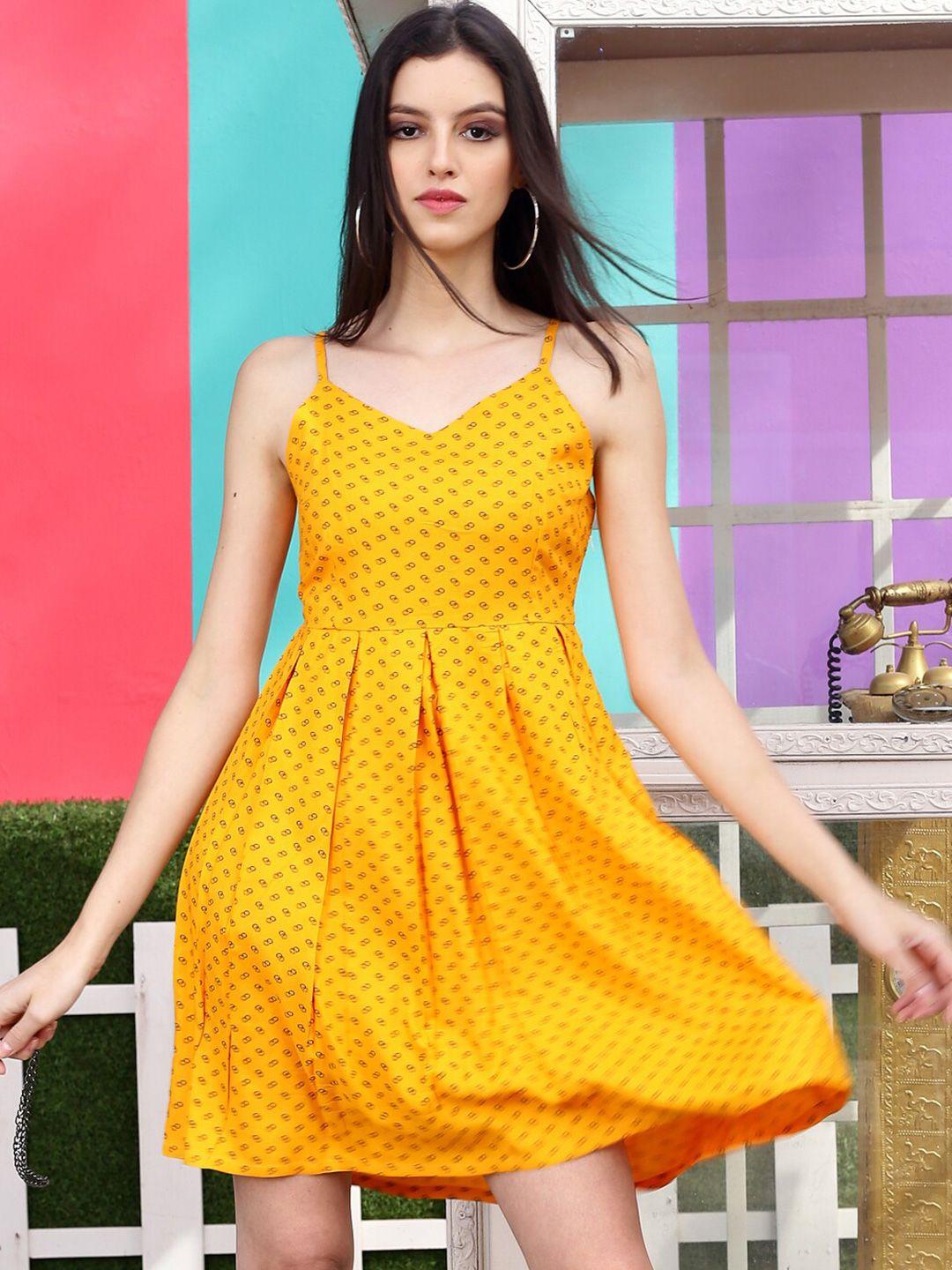 sera yellow geometric printed fit & flare dress