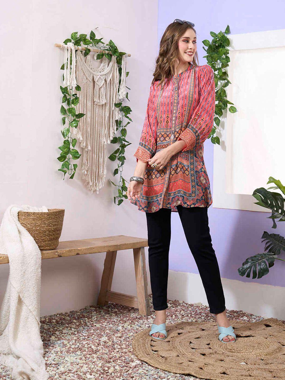 zola pink & blue mandarin collar printed ethnic cotton tunics