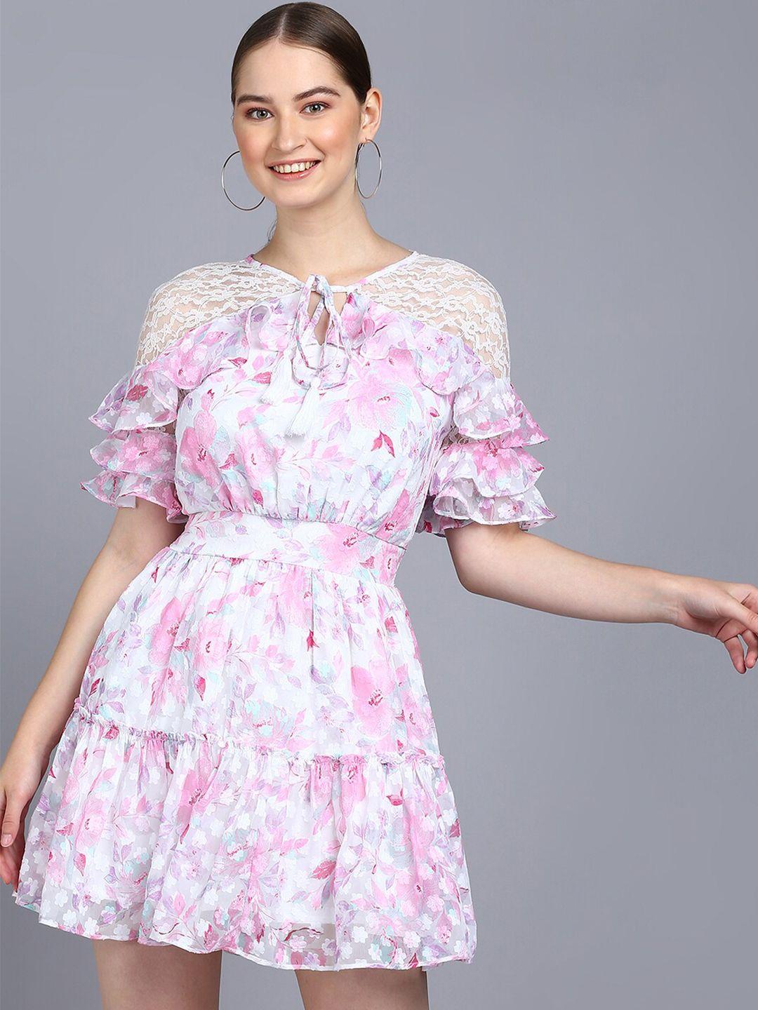 mast & harbour pink floral printed tie-up neck bell sleeve smocked fit & flare mini dress