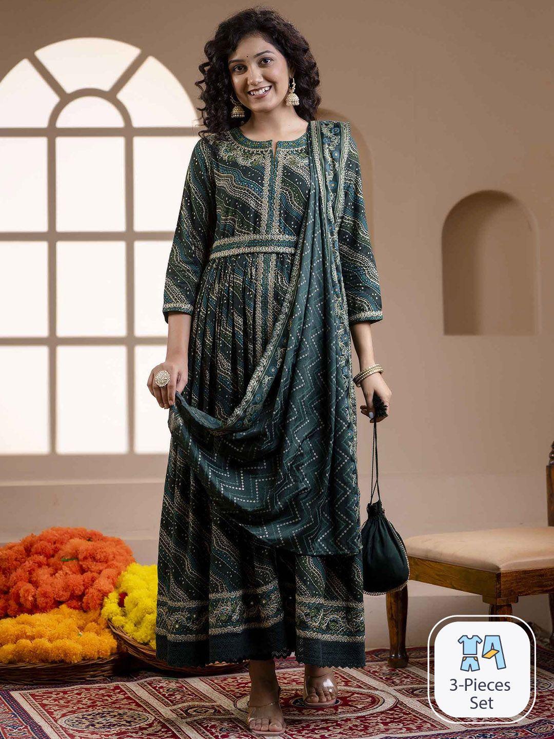 nehamta chevron printed pleated a-line kurta with trouser & dupatta