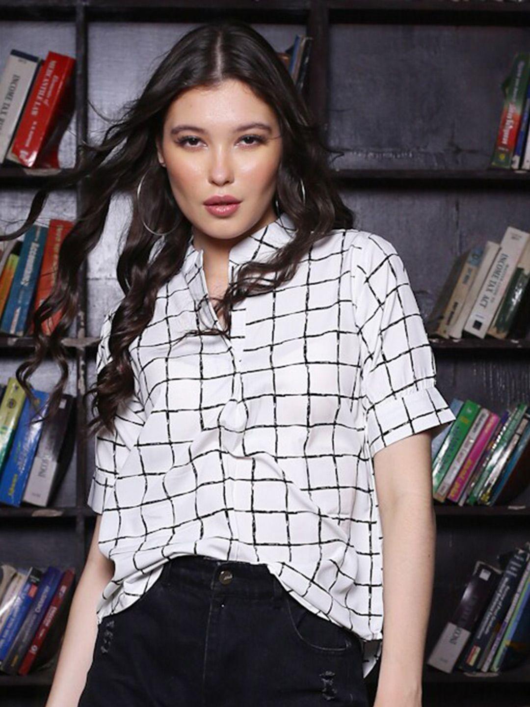 sera white & black checked mandarin collar top