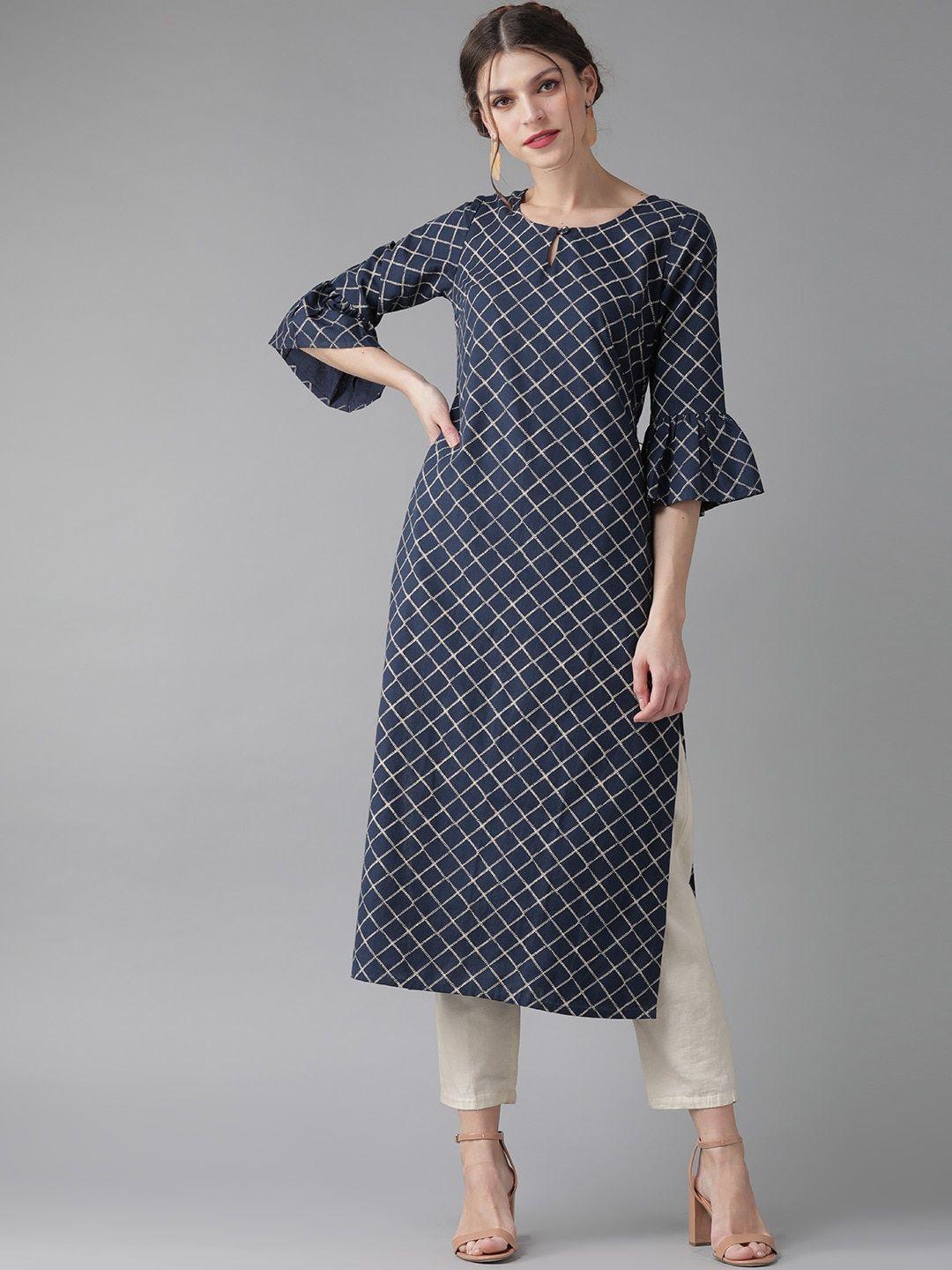 aks checked keyhole neck bell sleeves pure cotton straight kurta