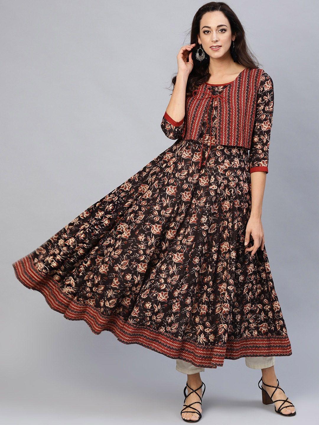 aks ethnic motifs printed pure cotton anarkali kurta with jacket