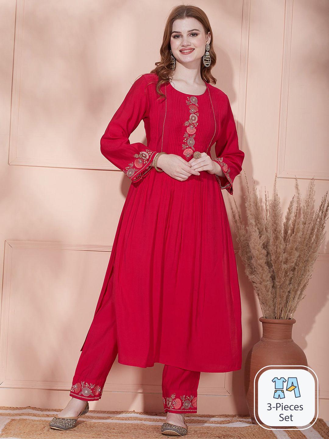 fashor pleated thread work detailed kurta & trousers with dupatta