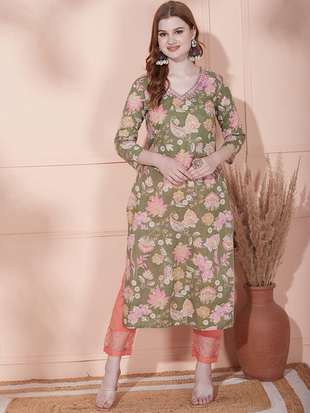 fashor floral printed v-neck thread work regular kurta